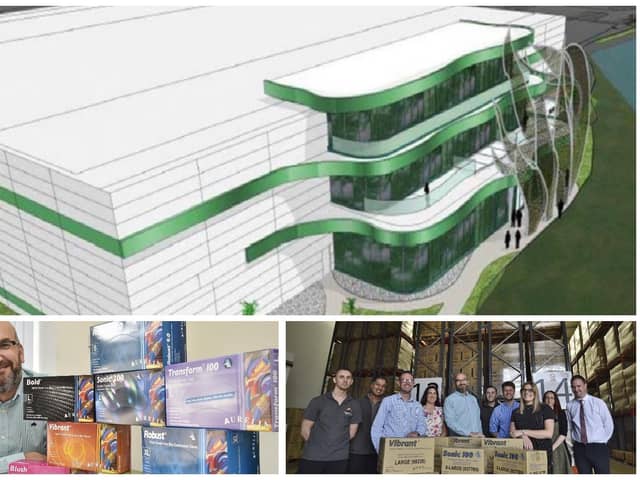 The image, top, shows how the Supermax Healthcare HQ will appear once completed; managing director Iain Crawford; and staff of Supermax Healthcare at their Fengate premises, below right..