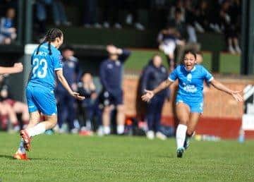 Renai Bennett celebrates her winning goal for Posh Women against Cobblers. Photo Darren Wiles