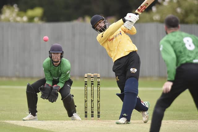 Zeeshan Manzoor on his way to a 28-ball 59 for Peterborough Town against Castor. Photo David Lowndes.