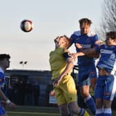 Action from Yaxley (blue) v Spalding on New Year's Day. Photo: David Lowndes.