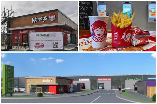 An opening date has been announced for the Wendy's drive-thru at Bourges View, Maskew Avenue, Peterborough, top left;  typical tasty treats from Wendy's, right; and how Wendy's fits in to the new Bourges View business park, below.