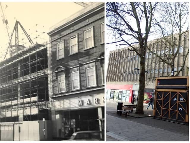 The 1970 photo of the Woolworths store being built -  and how the empty building looks now.