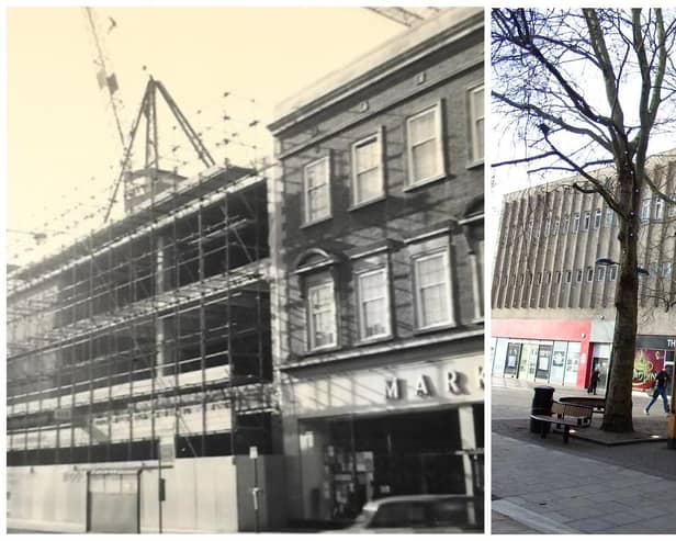 The 1970 photo of the Woolworths store being built -  and how the empty building looks now.