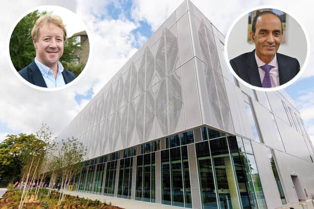 The campus of ARU Peterborough could house a £30 million energy innovation centre, if Government backing can be secured. Inset, left, Peterborough MP Paul Bristow and, inset right, Peterborough City Council leader Cllr Mohammed Farooq.
