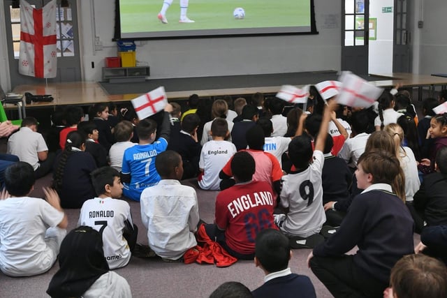 England v Iran World Cup game watched by pupils at Abbotsmede primary school.