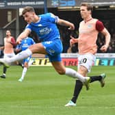 Harrison Burrows shoots at goal for Posh v Pompey. Photo David Lowndes.