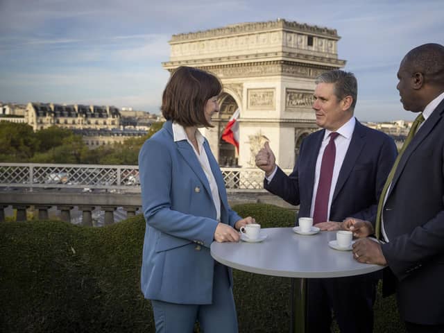 Labour Party leader Keir Starmer (centre), with shadow chancellor Rachel Reeves (left) and shadow foreign secretary David Lammy (right), speak during a breakfast meeting ahead of their bilateral meeting with French President Emmanuel Macron in Paris. Picture: Kiran Ridley/Getty Images