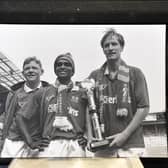 Tony Adcock (right) and Bobby Barnes (centre) after Posh had won the Third Division play-off final at Wembley. Photo: David Lowndes.