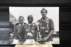 Tony Adcock (right) and Bobby Barnes (centre) after Posh had won the Third Division play-off final at Wembley. Photo: David Lowndes.