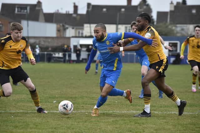 Josh McCammon on the attack for Peterborough Sports against Bradford Park Avenue. Photo: David Lowndes.