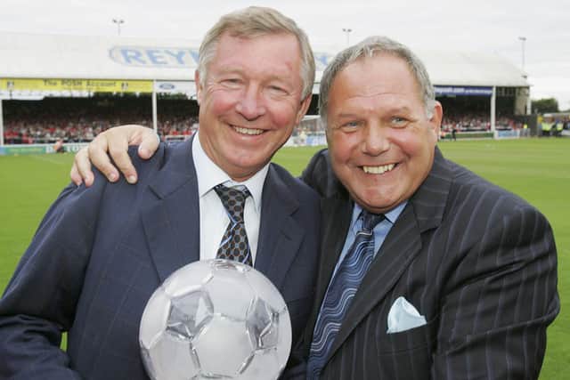 Barry Fry (right) with legendary Manchester United manager Sir Alex Ferguson. (Photo by John Peters/Manchester United via Getty Images).