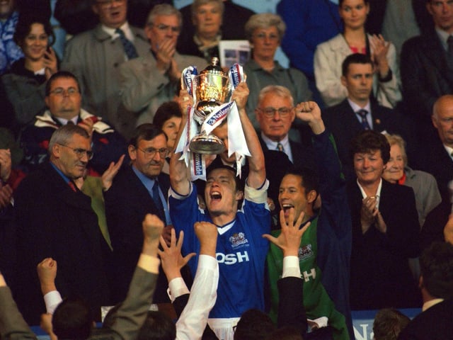 Centre-back Edwards was skipper of manager Barry Fry's side that won promotion from the old Division Three by beating Darlington 1-0 in the play-off final at Wembley. Edwards is pictured after receiving the play-off trophy. He is now manager of England Under 20s.