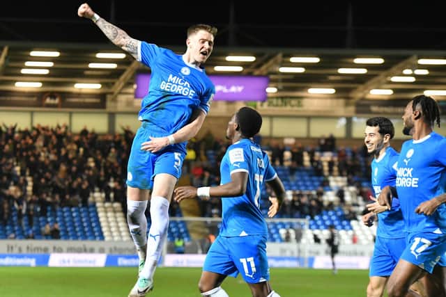Josh Knight celebrates his goal for Posh in a 5-1 win over Northampton. Photo David Lowndes.