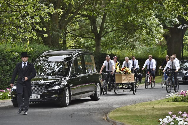 Raymond Pitchford's funeral procession arriving at Peterborough Crematorium.