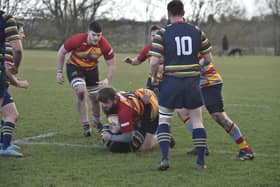 Robert Moulds (with ball) played well for Borough and Will Manning (left) scored a try at Market Harborough. Photo: David Lowndes.