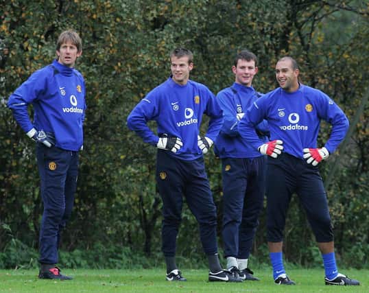 MANCHESTER, ENGLAND - NOVEMBER 5:  Edwin van der Sar, Luke Steele, Tommy Lee and Tim Howard of Manchester United in action during a first team training session at Carrington Training Ground on November 5 2005, in Manchester, England. (Photo by John Peters/Manchester United via Getty Images)