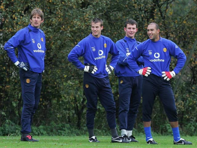 MANCHESTER, ENGLAND - NOVEMBER 5:  Edwin van der Sar, Luke Steele, Tommy Lee and Tim Howard of Manchester United in action during a first team training session at Carrington Training Ground on November 5 2005, in Manchester, England. (Photo by John Peters/Manchester United via Getty Images)