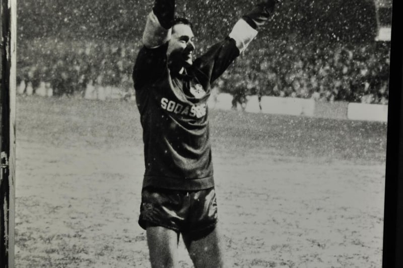 Left-back Martin Pike went in goal for Posh for the last 20 minutes in the 1986 FA Cup tie against Leeds. Here he is celebrating the 1-0 win at full-time.
