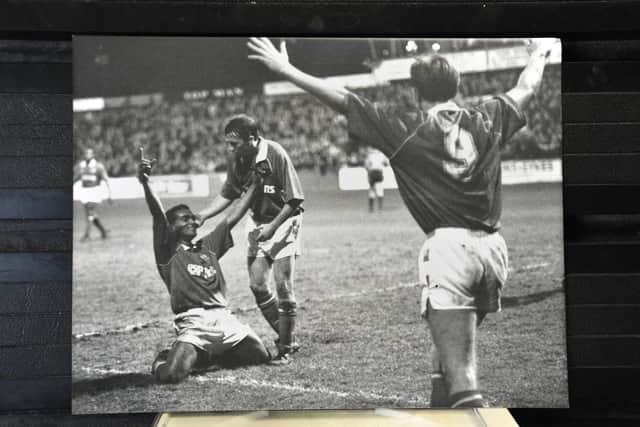 Bobby Barnes (left) celebrates a Posh goal. Photo David Lowndes.