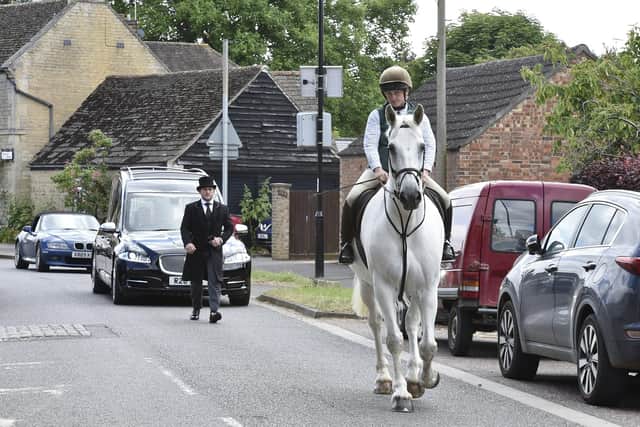 Service of thanksgiving for the life of Beryl Teanby. The coffin was escorted to the church by Fitzwilliam Hunt horse Frank.