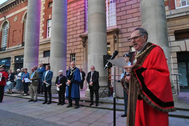 Mayor of Peterborough Alan Dowson, without the ceremonial hat or collar, at the Platinum Jubilee Beacon Ceremony at Peterborough Town Hall.
