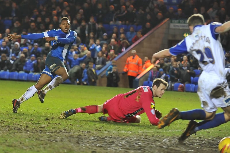 Posh beat Rovers 5-0 away from home in a League One game in August, 2013 and repeated the scoreline in an FA Cup tie at London Road the following December. Assombalonga hit a hat-trick in the cup tie with Shaun Jeffers scoring twice. Assombalonga is pictured scoring one of his FA Cup goals. Assombalonga also scored twice when Posh beat Tranmere 3-0 in a League One match at home the following month after also scoring in the game at Prenton Park. Posh beat Rovers 13-0 on aggregate that season with Assombalonga scoring six times!