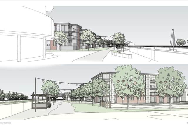 Current designs show an attractive promenade in front of new homes
