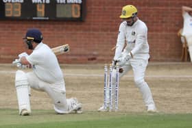 Loddington batsman George Denton is bowled to become Peterborough Town's 14 year-old slow bowler DJ Sivaganeshan's first Northants Premier Division wicket. Photo Andy Dann.