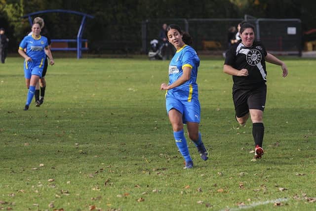 Andreia Oliveira scores for Peterborough Sports at Waterbeach. Photo: Tim Symonds.