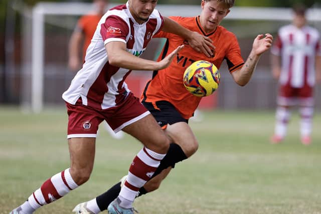 Action from Peterborough Sports (orange) v Stourbridge last weekend. Sports lost 2-1. Photo Darren Wiles.