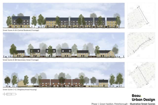 This image shows streets scenes at the planned Great Haddon development.