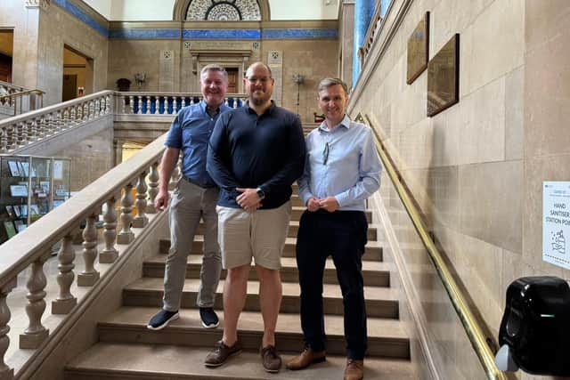 Morgan Stevenson (middle) following a meeting with Council Leader Dennis Jones and Peterborough MP Andrew Pakes.