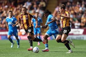 Vernon Masara is in action for Peterborough United against Bradford City. Photo: Joe Dent.