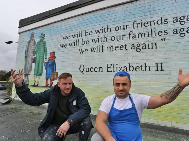 Street artist Nathan Murdoch with Ceyhun Dilek, owner of Werrington's Salt N Vinegar chippy on Lincoln Road.