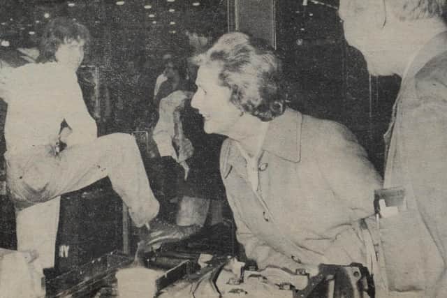 Prime Minister Margaret Thatcher on a visit to Perkins