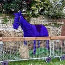 A life-size metal horse created by the students of Peterborough Technical College and covered with purple poppies