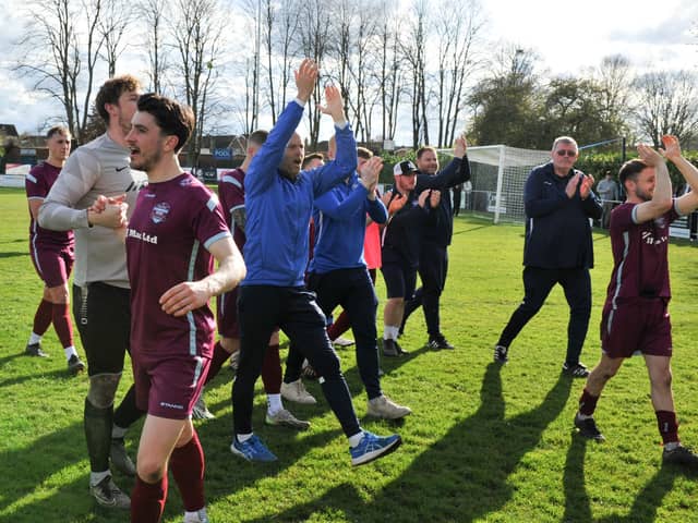 Bourne Town FC celebrate their United Counties Division One title success. Photo Chris Lowndes.