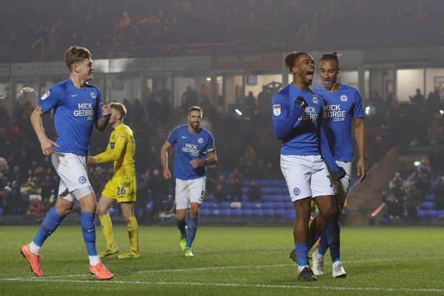 Ivan Toney celebrates a goal for Posh in a 4-0 win over Wycombe in 2020. Photo Joe Dent/theposh.com.