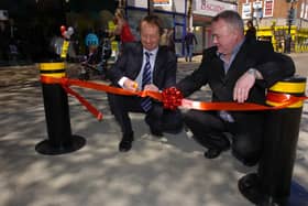 Councillor Wayne Fitzgerald and deputy editor Nigel Thornton mark the introduction of automatically controlled bollards in Long Causeway.