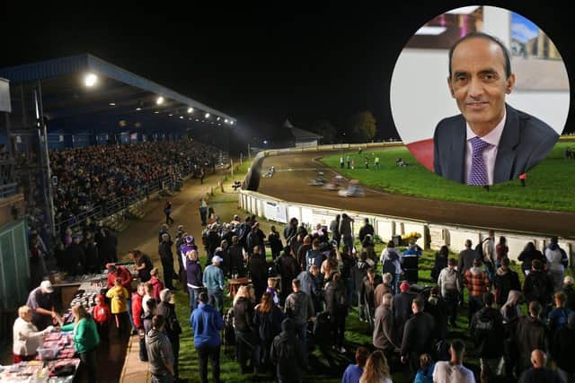 The speedway track at the Showground, Peterborough City Council leader Mohammed Farooq (inset).