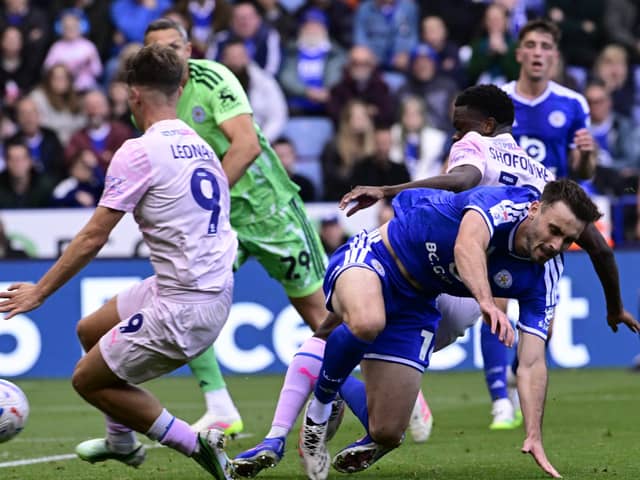 Harry Leonard makes it 2-0 to Posh at Leicester City. Photo David Lowndes
