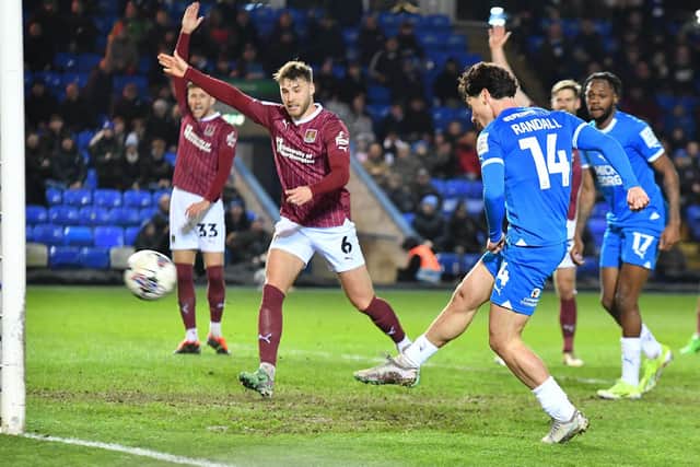 Joel Randall scores for Posh against Northampton. Photo David Lowndes