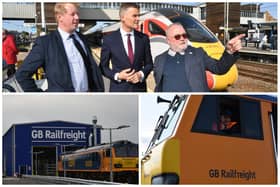From left, Peterborough MP Paul Bristow, Secretary of State for Transport Mark Harper and Councillor Wayne Fitzgerald, leader of Peterborough City Council, talk about plans to create a Station Quarter; below right, Mr Harper in a GBRailfreight engine to open the new rail maintenance hub in Peterborough, below left.