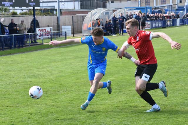 Action from Peterborough Sports (blue) v Hereford. Photo: David Lowndes.