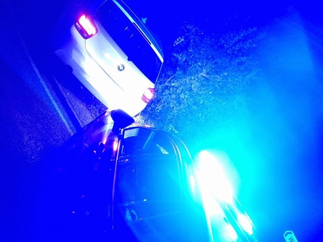 The driver of this BMW failed to stop for police and crashed the vehicle less than a minute later. The car was stolen, and the uninsured driver tested positive for cocaine. One person was arrested.