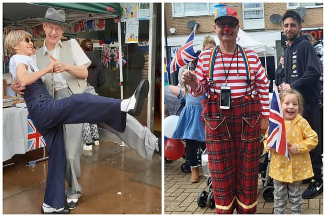 (Left): 1940s Blitz dancers Andrew and Sandra Robinson, and; (right): a very excited Freya meets Mr Custard the clown!