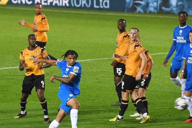 Jadel Katongo scores for Posh against Cambridge United. Photo: David Lowndes.