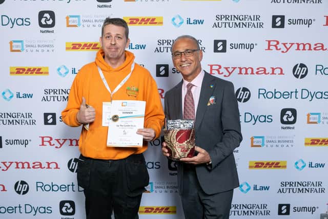 Up The Garden Bath co-founder Dave Poulton, left, collects his #SBS certificate from former Dragons' Den star Theo Paphitis
