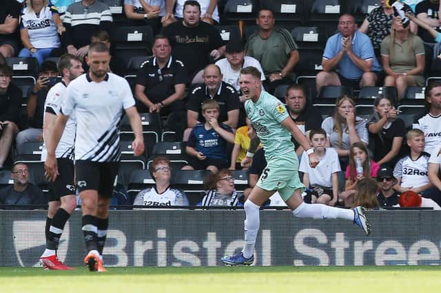 Josh Knight of Peterborough United celebrates his goal at Derby. Photo: Joe Dent/theposh.com
