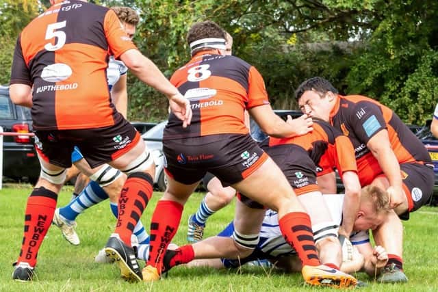 Peterborough Lions score a try at Newbold-On-Avon. Photo: Mick Sutterby.